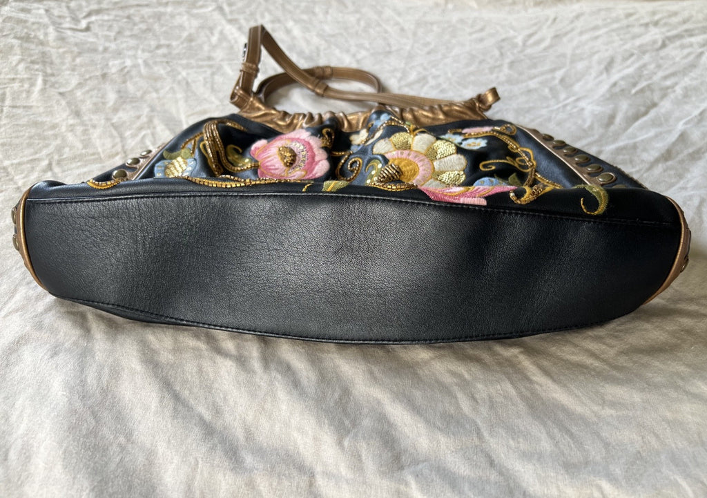 Isabella Fiore Black and Gold Floral Embroidered Leather Shoulder Bag