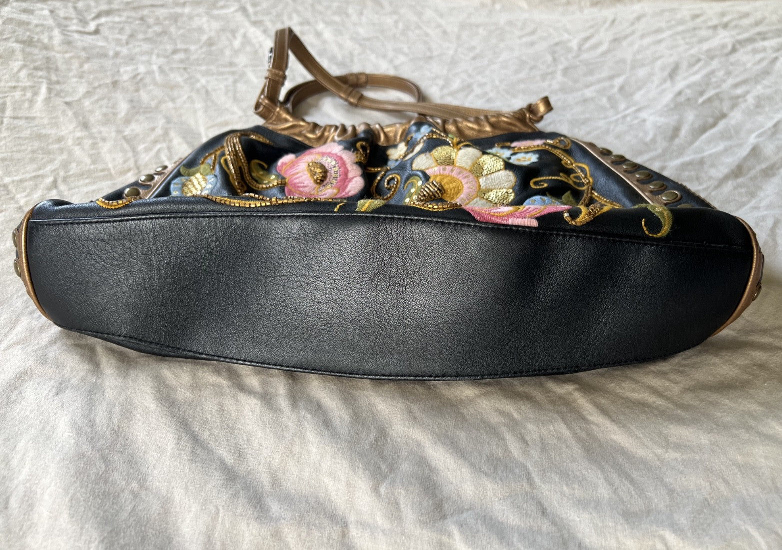 Isabella Fiore Black and Gold Floral Embroidered Leather Shoulder Bag