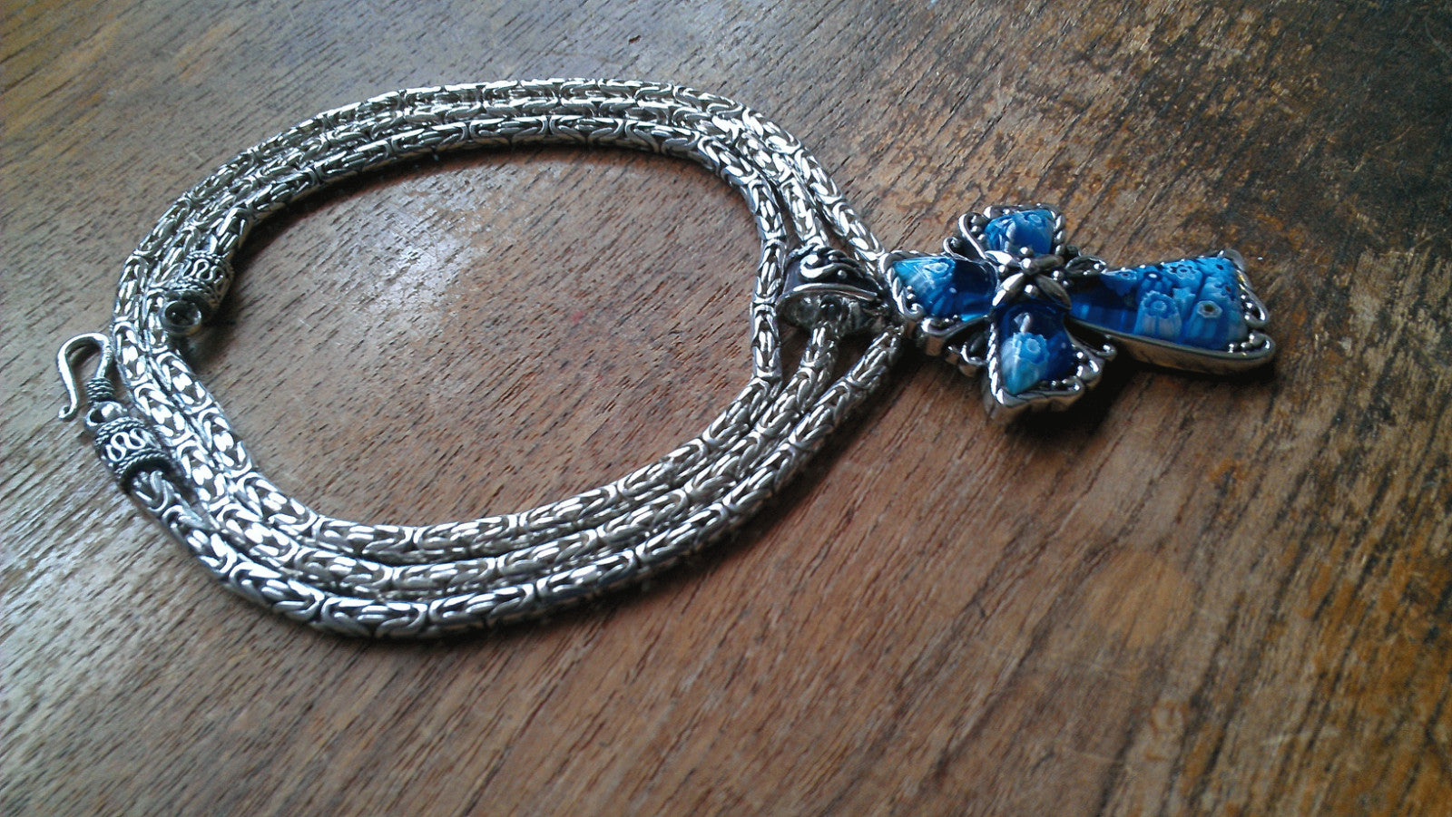 Sterling Silver Byzantine Chain Millefiori Glass Cross Alan K Murano ~ 67 Grams