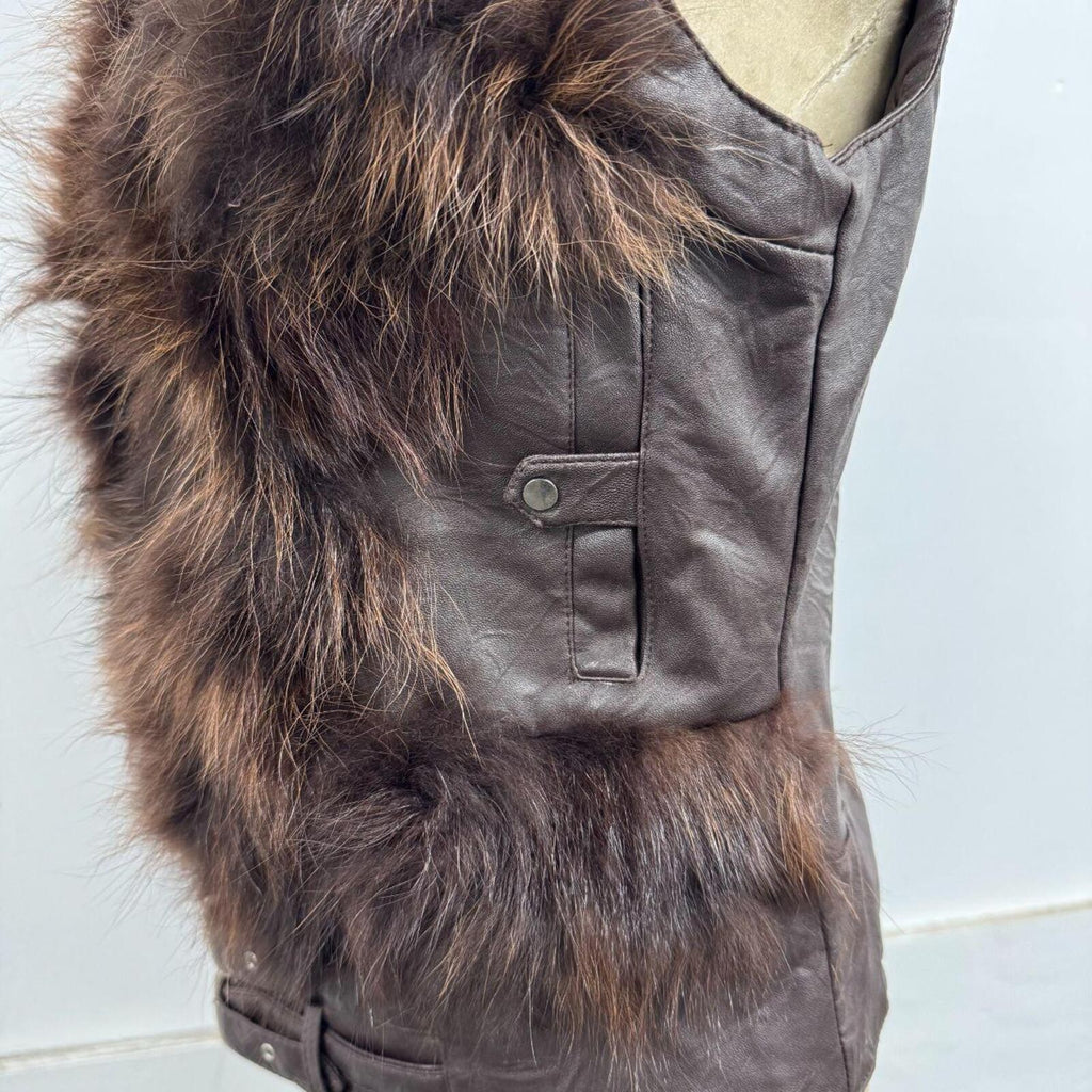 Vintage Y2K Chocolate Leather and Fox Fur Moto Vest