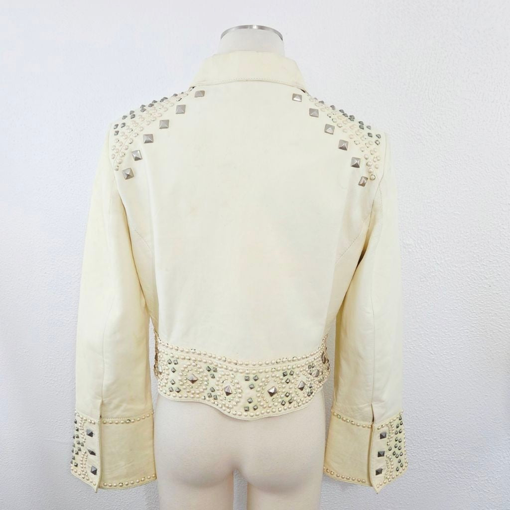 Double D Ranch Studded Ivory Leather Biker Jacket Medium