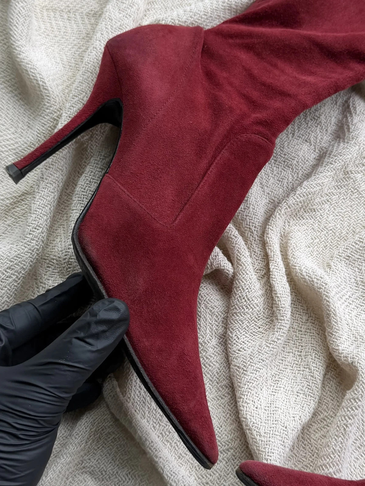 Vintage Burgundy Suede Knee High Boots Pointed Toe Stiletto Heels Lace Up