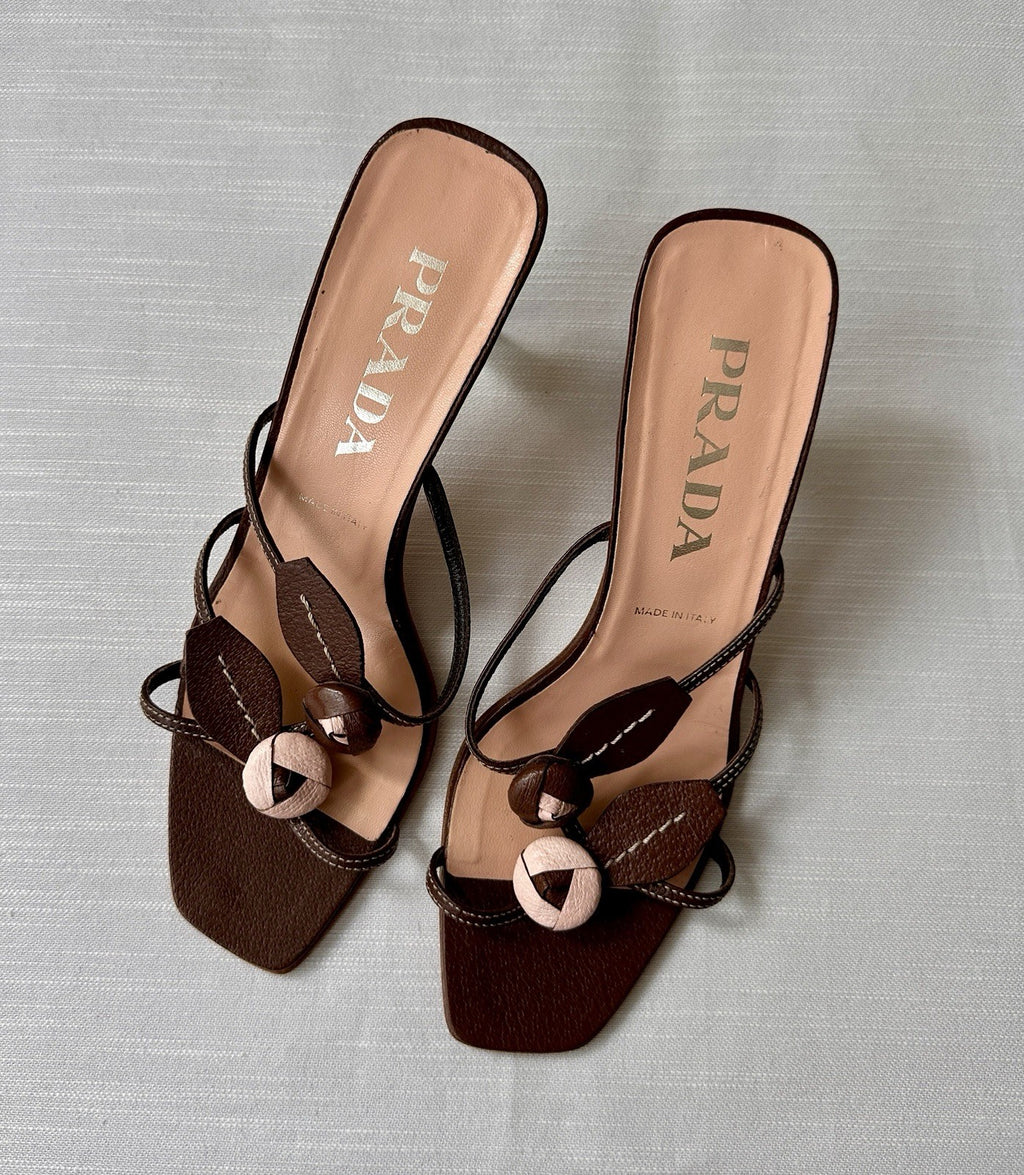 Vintage 90s 2000s PRADA Leather Rosebud Brown Pink Kitten Heels Sandals Size 37
