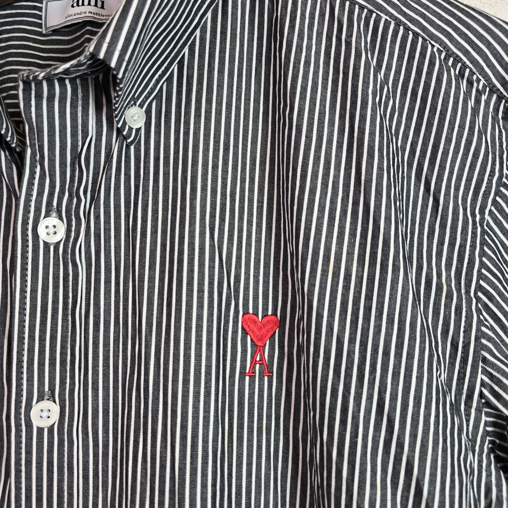 AMI Alexandre Mattiussi Striped Cotton Button Shirt Mens Sz XL Slim Fit Black