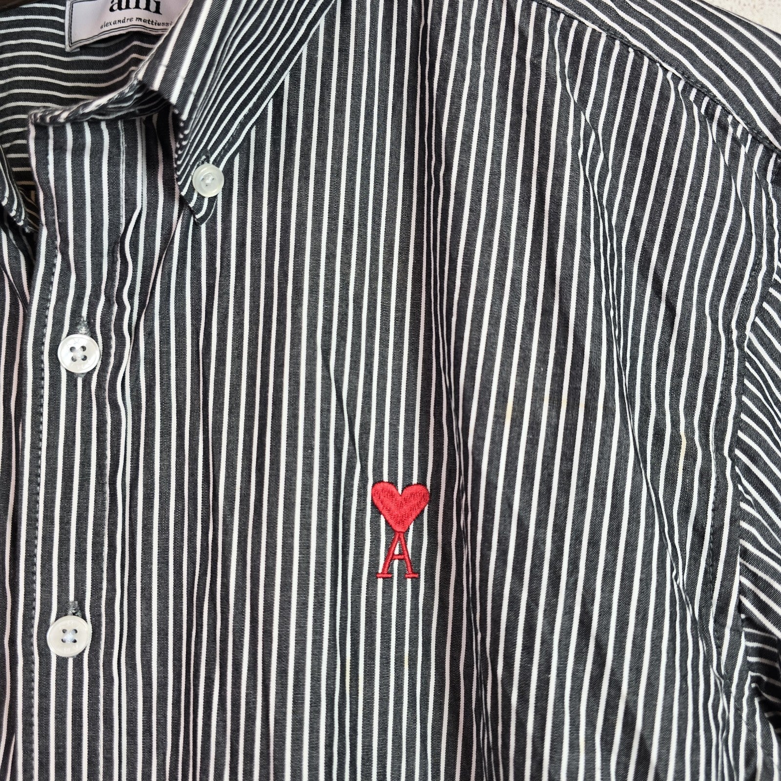 AMI Alexandre Mattiussi Striped Cotton Button Shirt Mens Sz XL Slim Fit Black