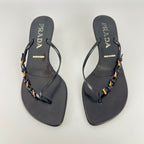 Prada | Auth Vintage Black Leather Gold Buckle Thong Kitten Heels (34.5)