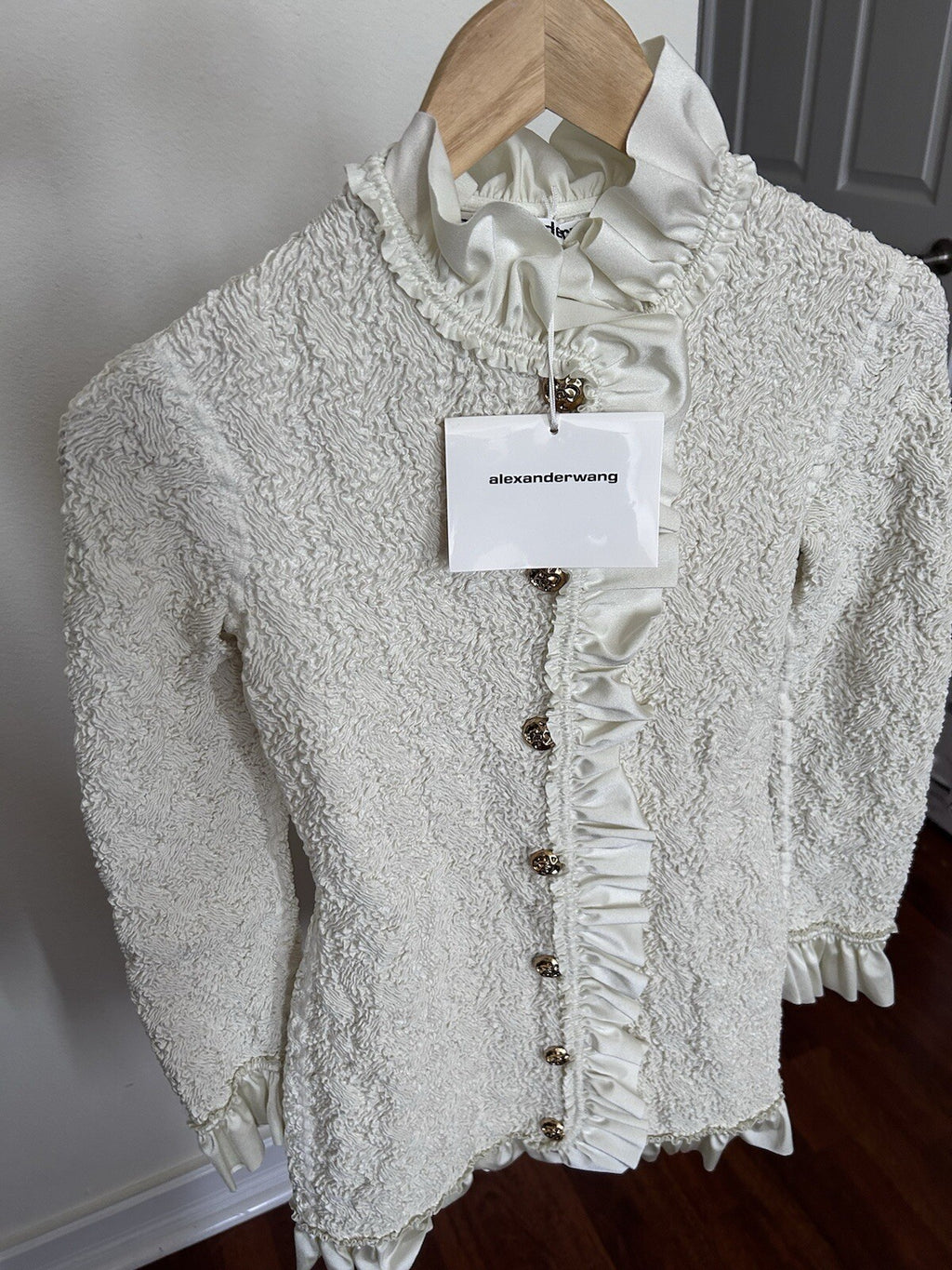Alexander Wang Smocked Ruffle Long Jacket Dress S In Vintage White