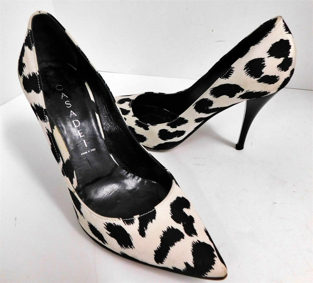 Casadei Black White Animal Print Canvas High Heel Pumps Italy 6 M