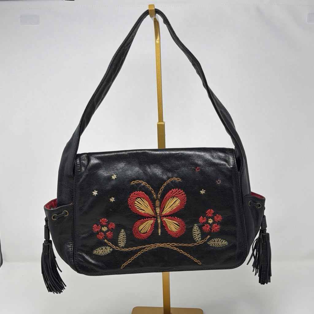Francesco Biasia Vintage Black Leather Butterfly Embroidered Tassel Boho Bag