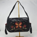Francesco Biasia Vintage Black Leather Butterfly Embroidered Tassel Boho Bag