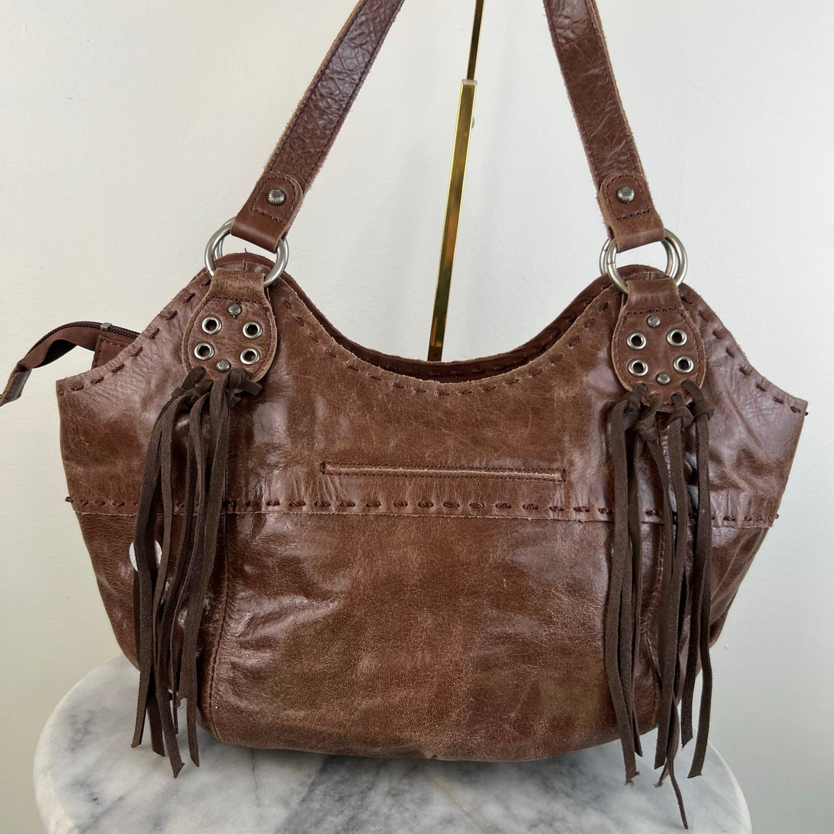 The Sak Brown Leather Fringe Western Shoulder Hobo Bag