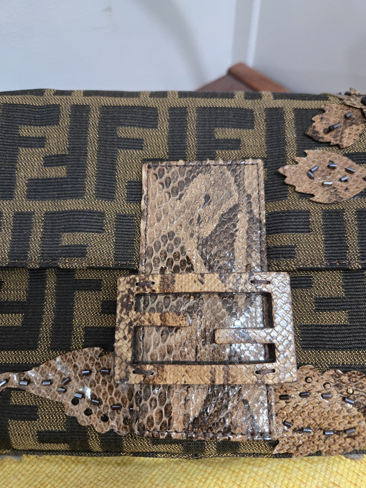 Fendi shoulder bag Mamma Baguette Beaded Flower Zucca Brown