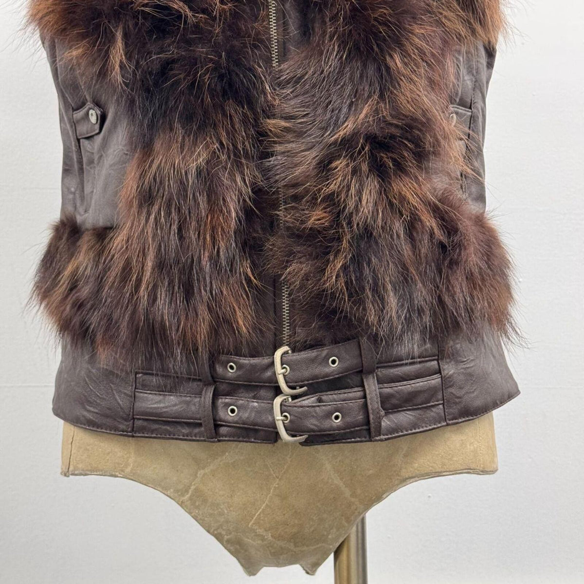 Vintage Y2K Chocolate Leather and Fox Fur Moto Vest