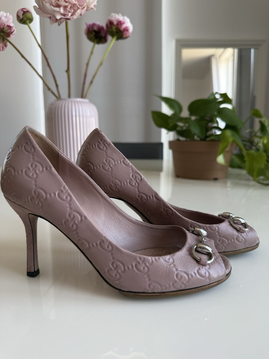 Gucci GG Monogram Leather Peep Toe Stiletto Heels EU 36