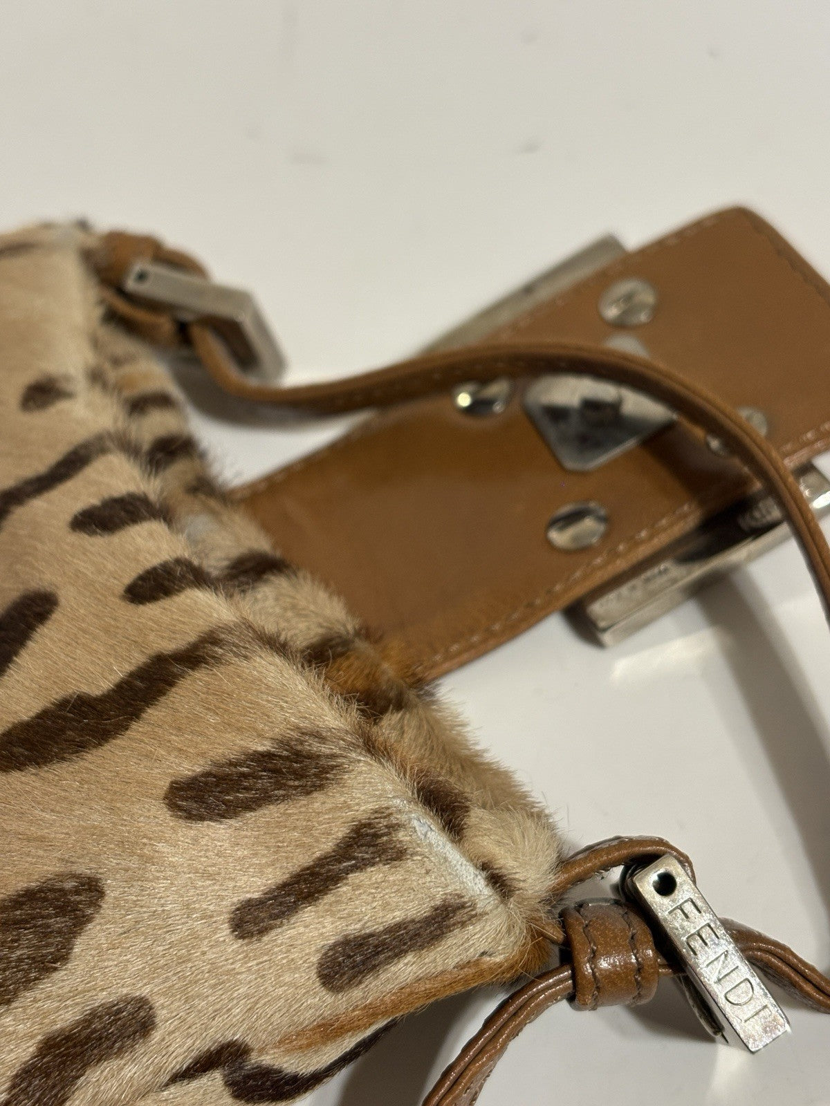 Vtg Fendi Leopard Print Pony Hair Croissant Bag