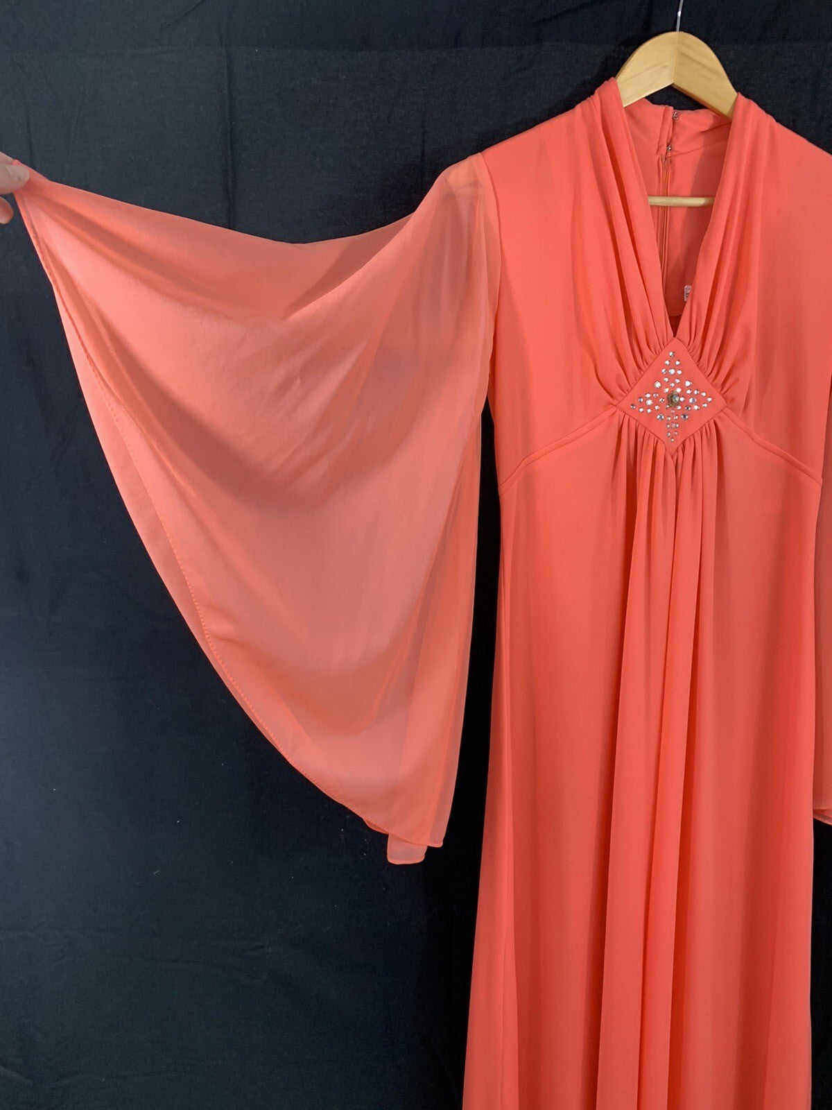 Vintage 1970s Angel Sleeve Rhinestone Maxi Dress