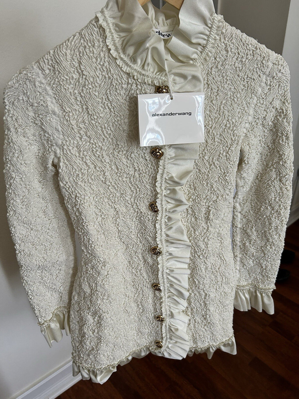 Alexander Wang Smocked Ruffle Long Jacket Dress S In Vintage White