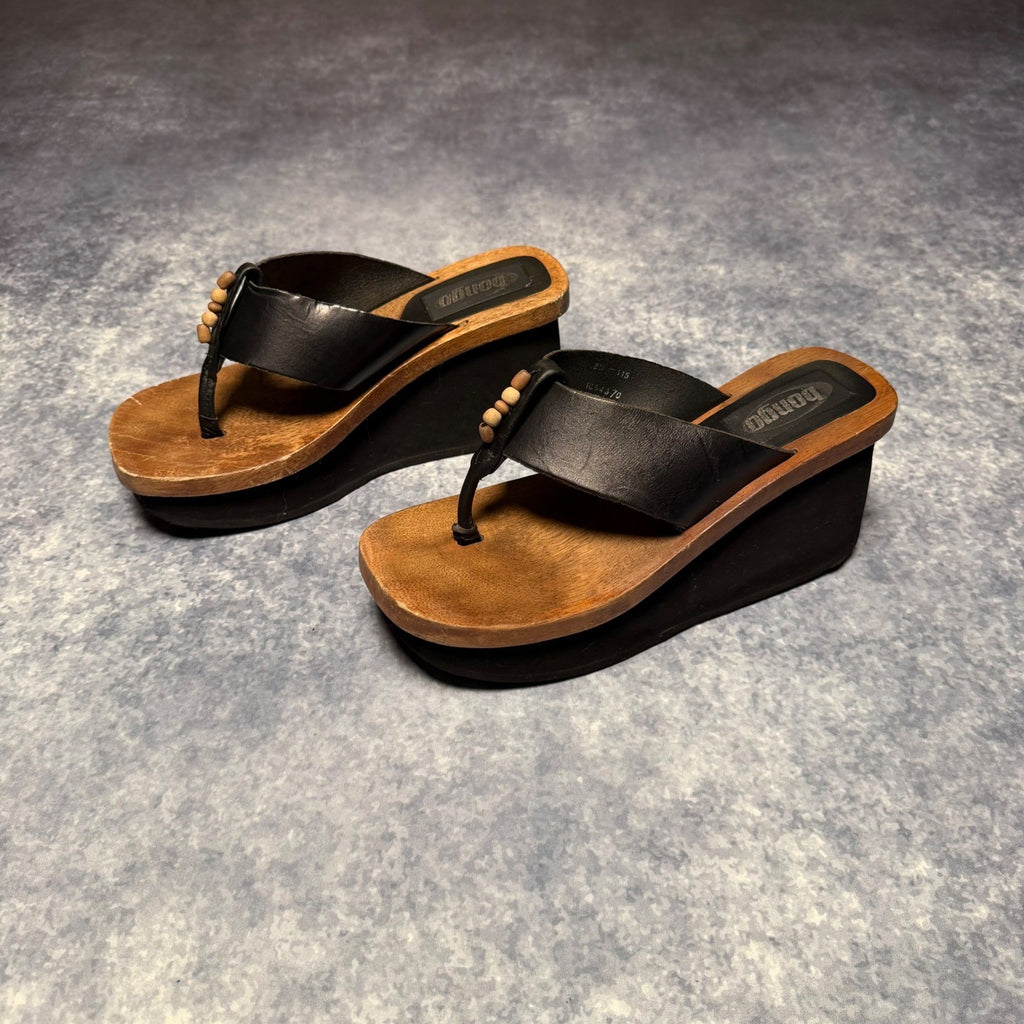 Bongo Wooden Platform Wedge Sandals Black Leather Beaded Brazil Size 8