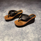 Bongo Wooden Platform Wedge Sandals Black Leather Beaded Brazil Size 8