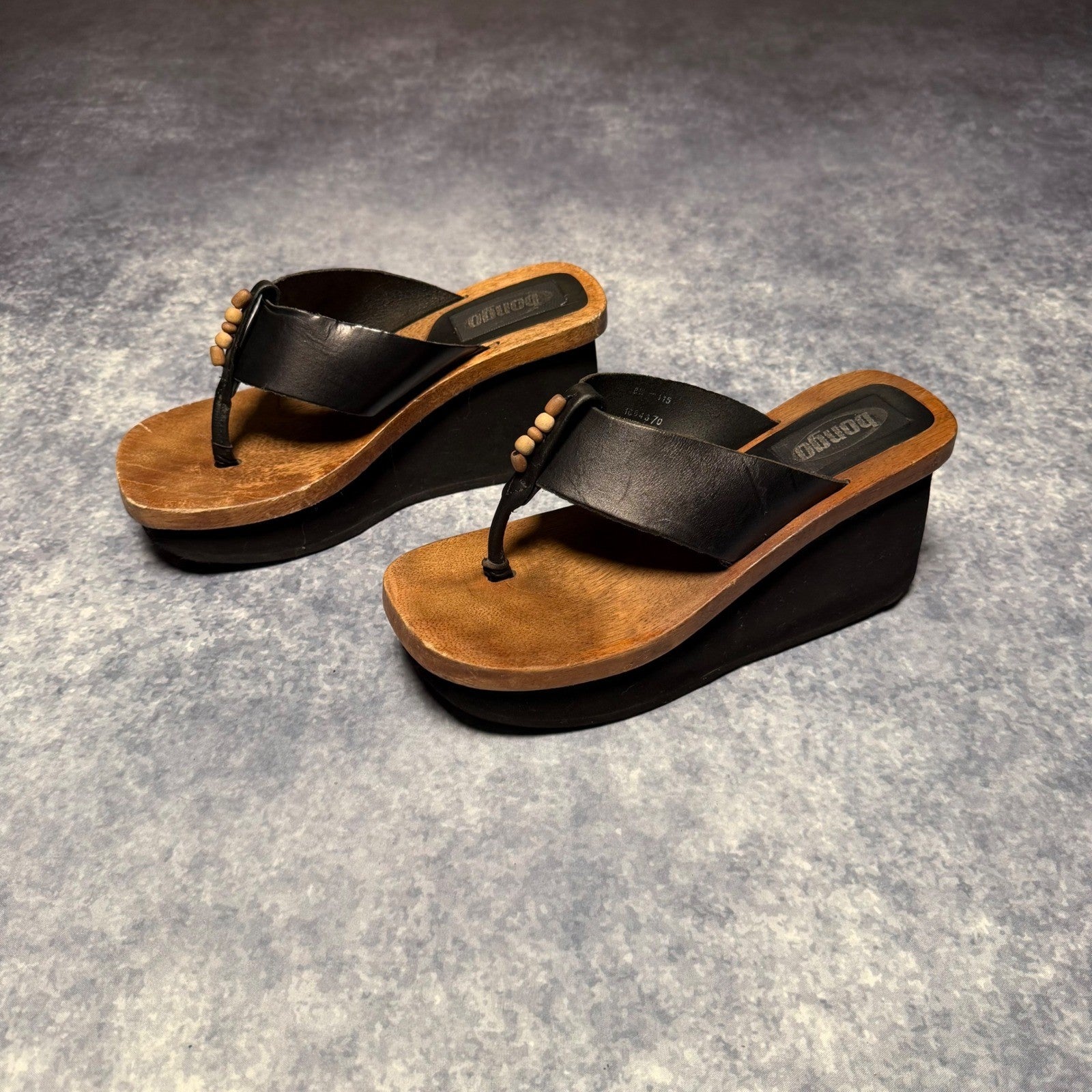 Bongo Wooden Platform Wedge Sandals Black Leather Beaded Brazil Size 8
