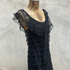 Vintage 1930s Black Mesh Net Gown Ruffles Low Back Bias Cut Art Deco Maxi Dress