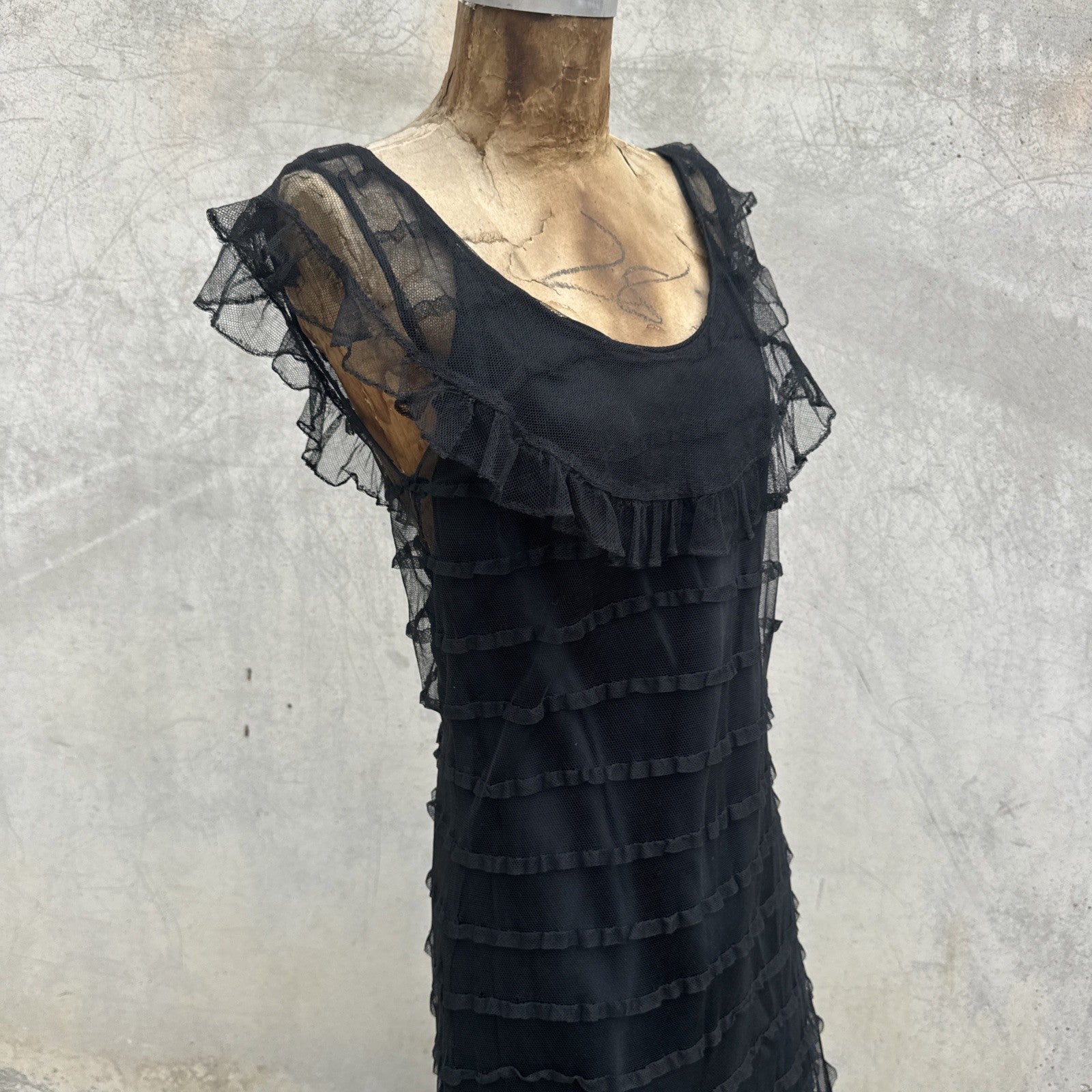 Vintage 1930s Black Mesh Net Gown Ruffles Low Back Bias Cut Art Deco Maxi Dress