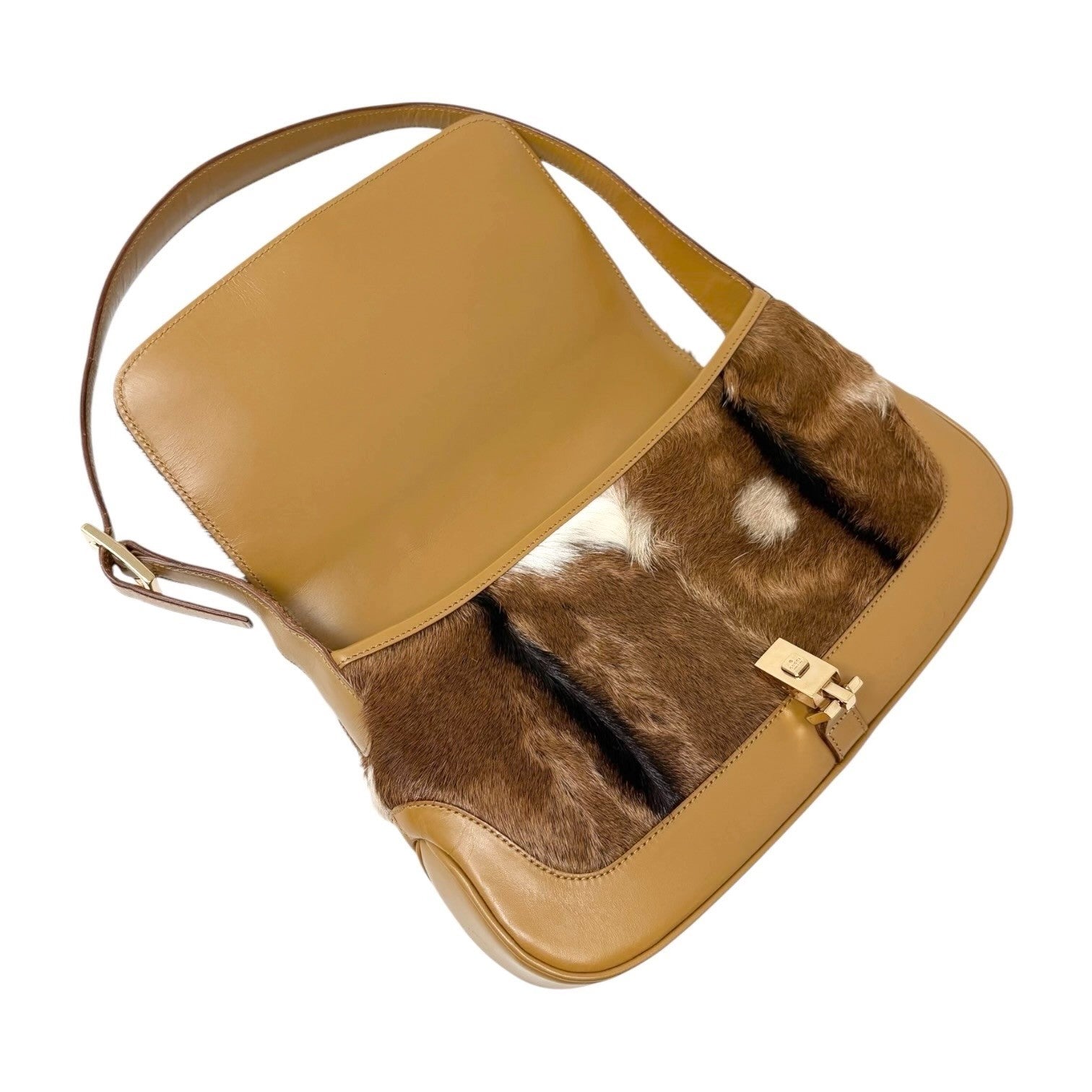 GUCCI Vintage Jackie Cow Pony Calf Hair Shoulder Bag Brown Camel Leather