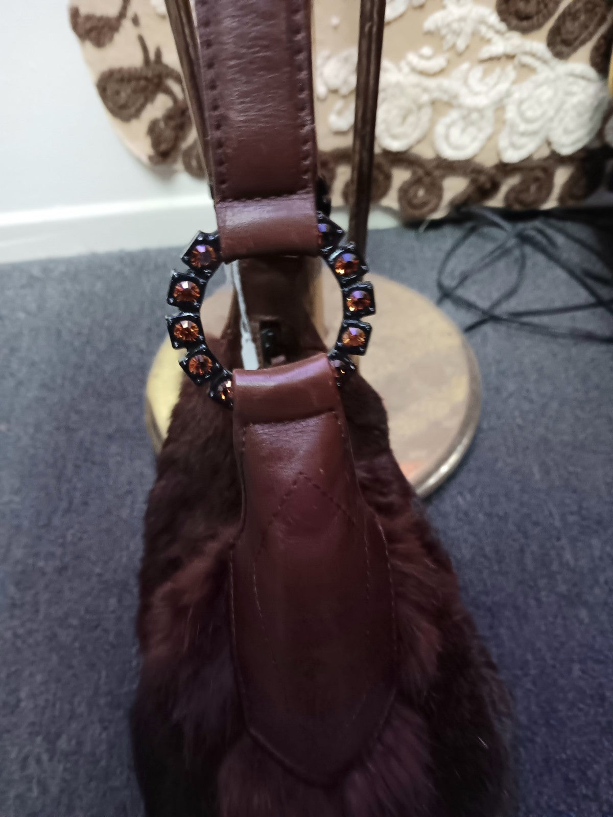 Isabella Fiore Rabbit Fur Shoulder Bag Brown Y2K