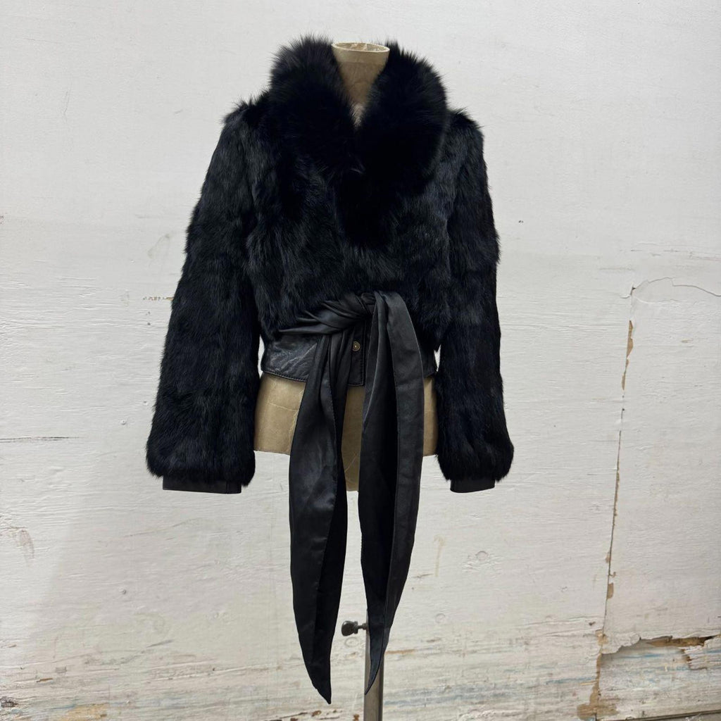 Vintage Y2K Cropped Satin Waist Tie Rabbit Fur and Leather Jacket