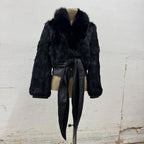 Vintage Y2K Cropped Satin Waist Tie Rabbit Fur and Leather Jacket