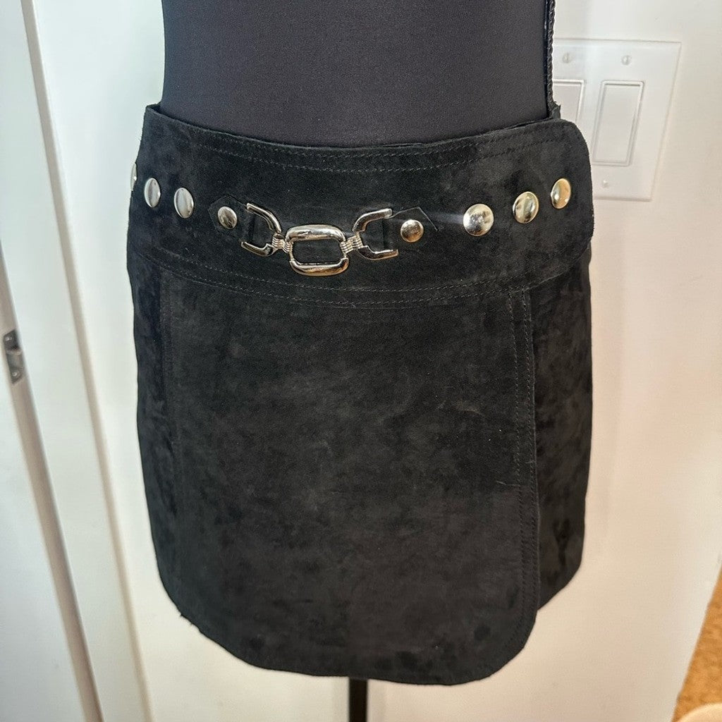 Vintage 00s Bebe black suede mini skirt with buckles & studs Y2K style
