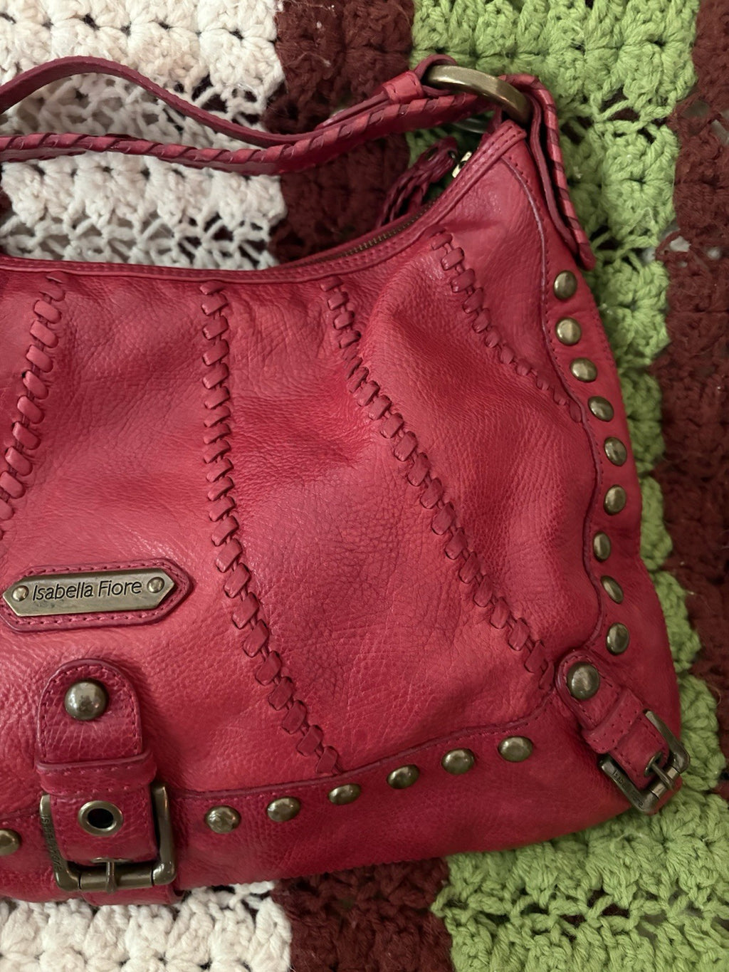 Isabella Fiore Audra Studded Leather Hobo Bag Red