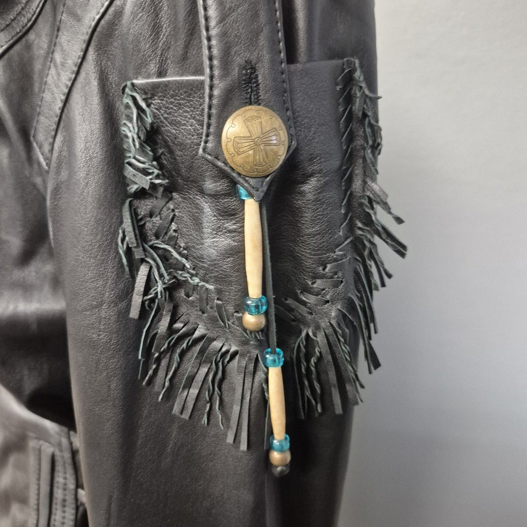 Double D Ranch Black Leather Fringe Beaded Moto Western Jacket Medium