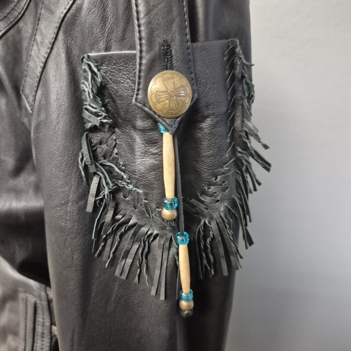 Double D Ranch Black Leather Fringe Beaded Moto Western Jacket Medium