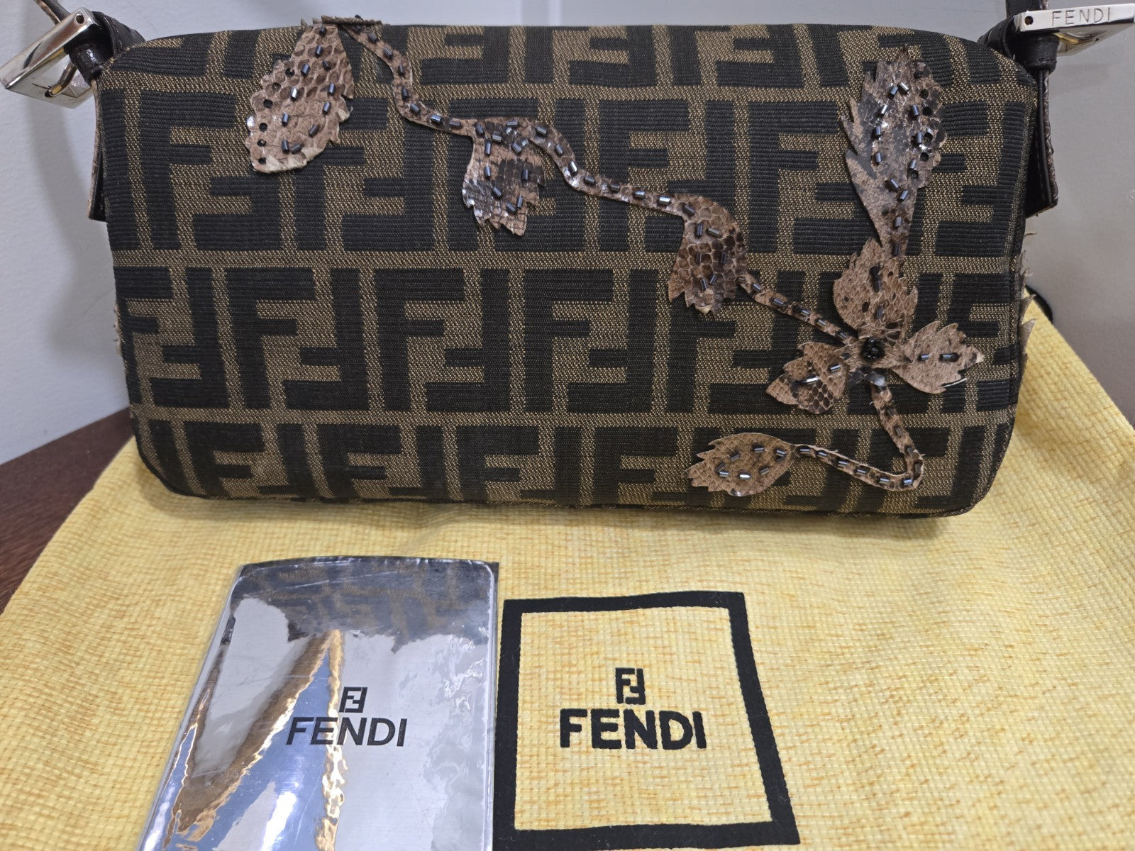Fendi shoulder bag Mamma Baguette Beaded Flower Zucca Brown