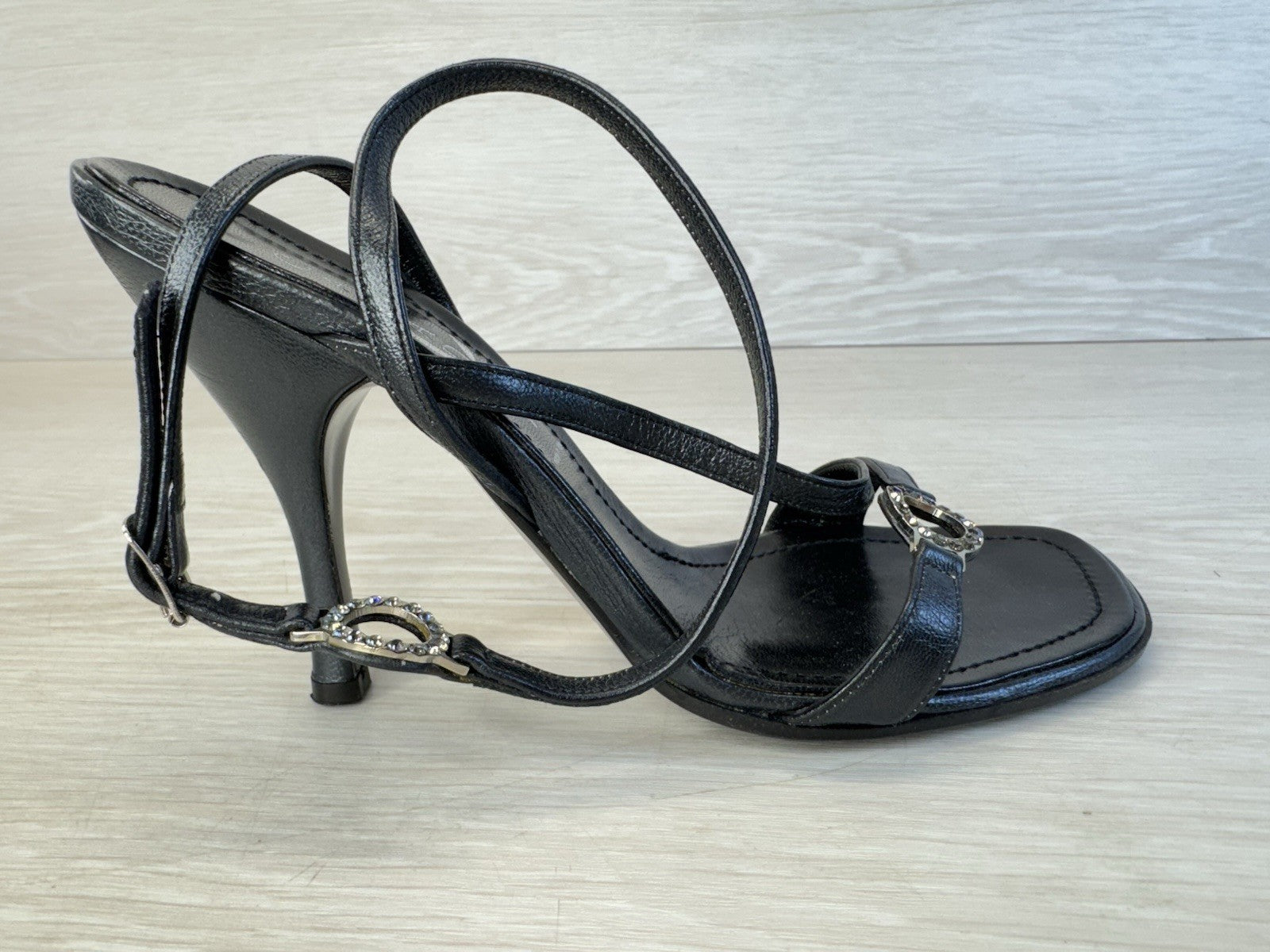 Vintage Casadei Black Leather Strappy Rhinestone Heel - Women's Size 6.5