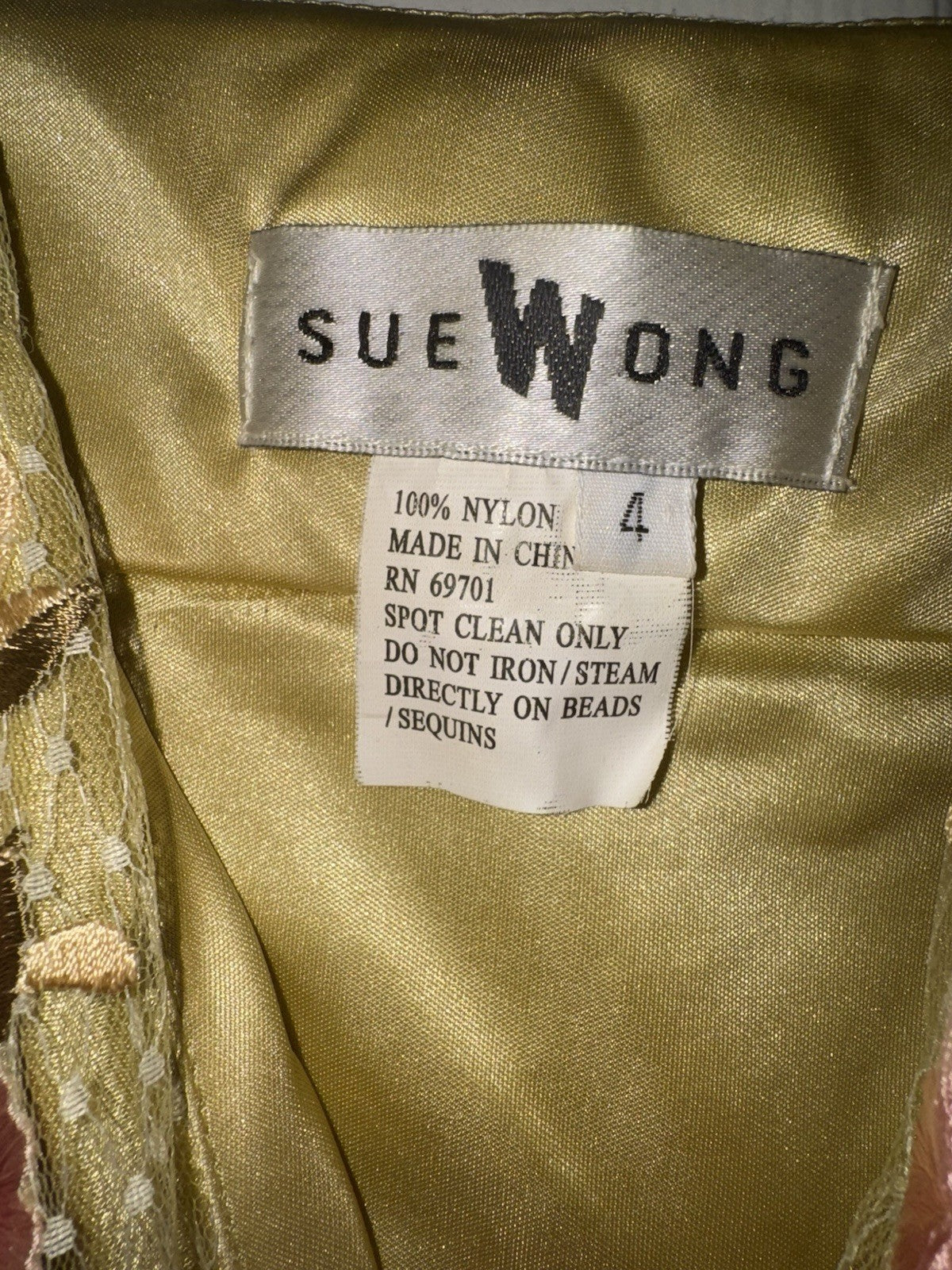 Sue Wong Size 4 Green Embroidered Floral Mesh Cocktail Dress