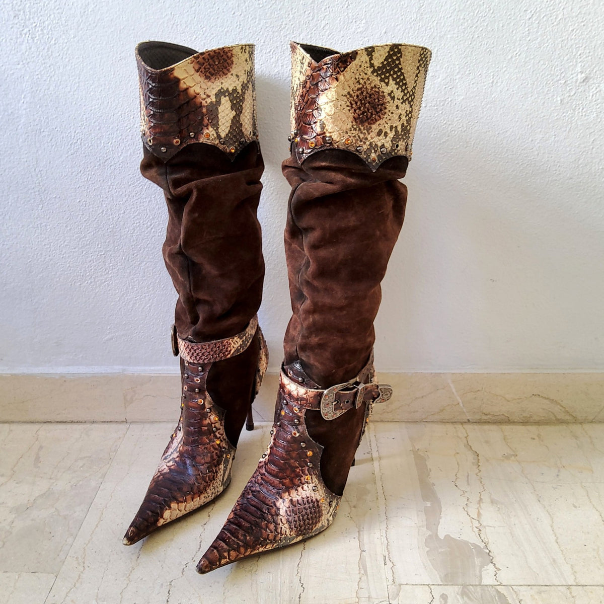 El Dantes Y2K Embellished Belted Slouchy Suede Snakeskin Pointy Shoe