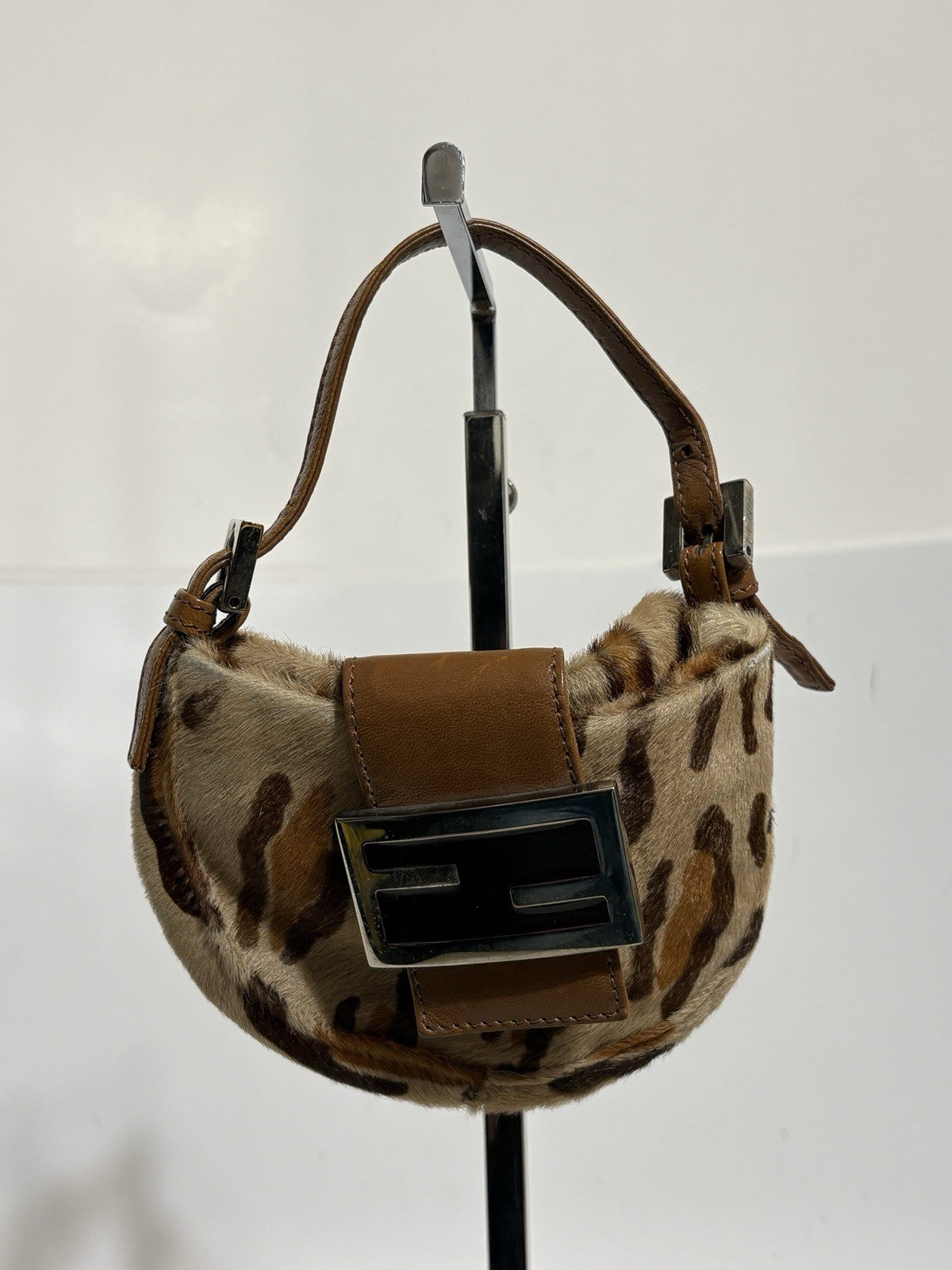 Vtg Fendi Leopard Print Pony Hair Croissant Bag