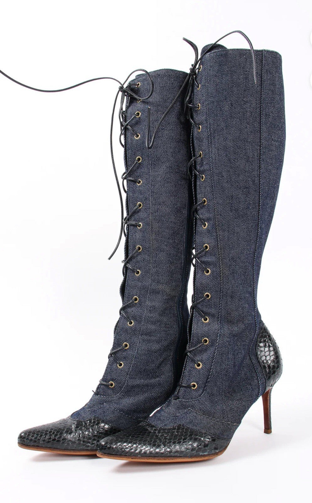 Dior Vintage Y2K Denim & Snakeskin Leather Lace Up Knee High Point Toe Boots