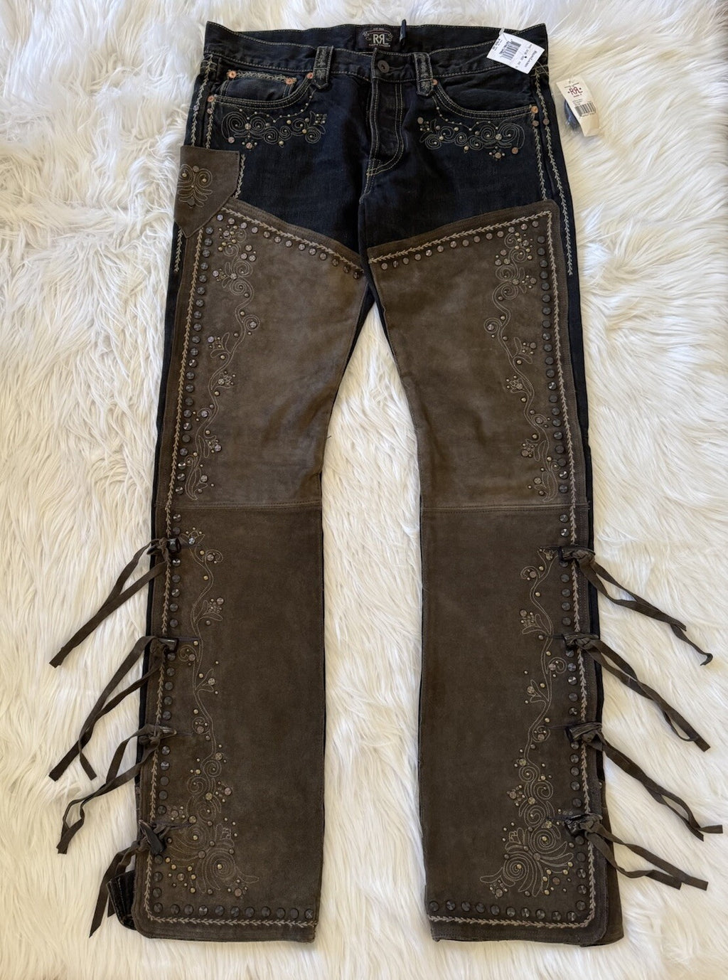 RRL Double RL Ralph Lauren New Studded Suede Denim Jeans Western 34