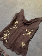 Vintage Y2K Woodland Fairy Brown Floral Silk Beaded Two Piece Skirt Set Asymmetric