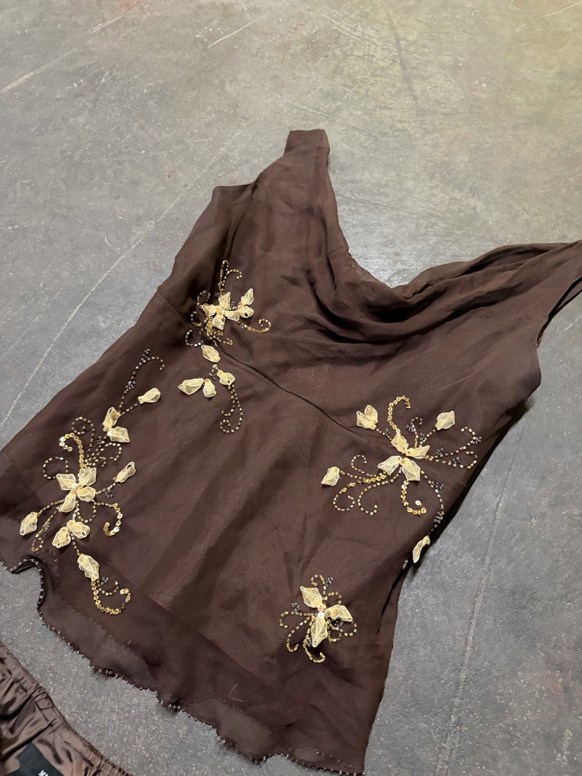 Vintage Y2K Woodland Fairy Brown Floral Silk Beaded Two Piece Skirt Set Asymmetric