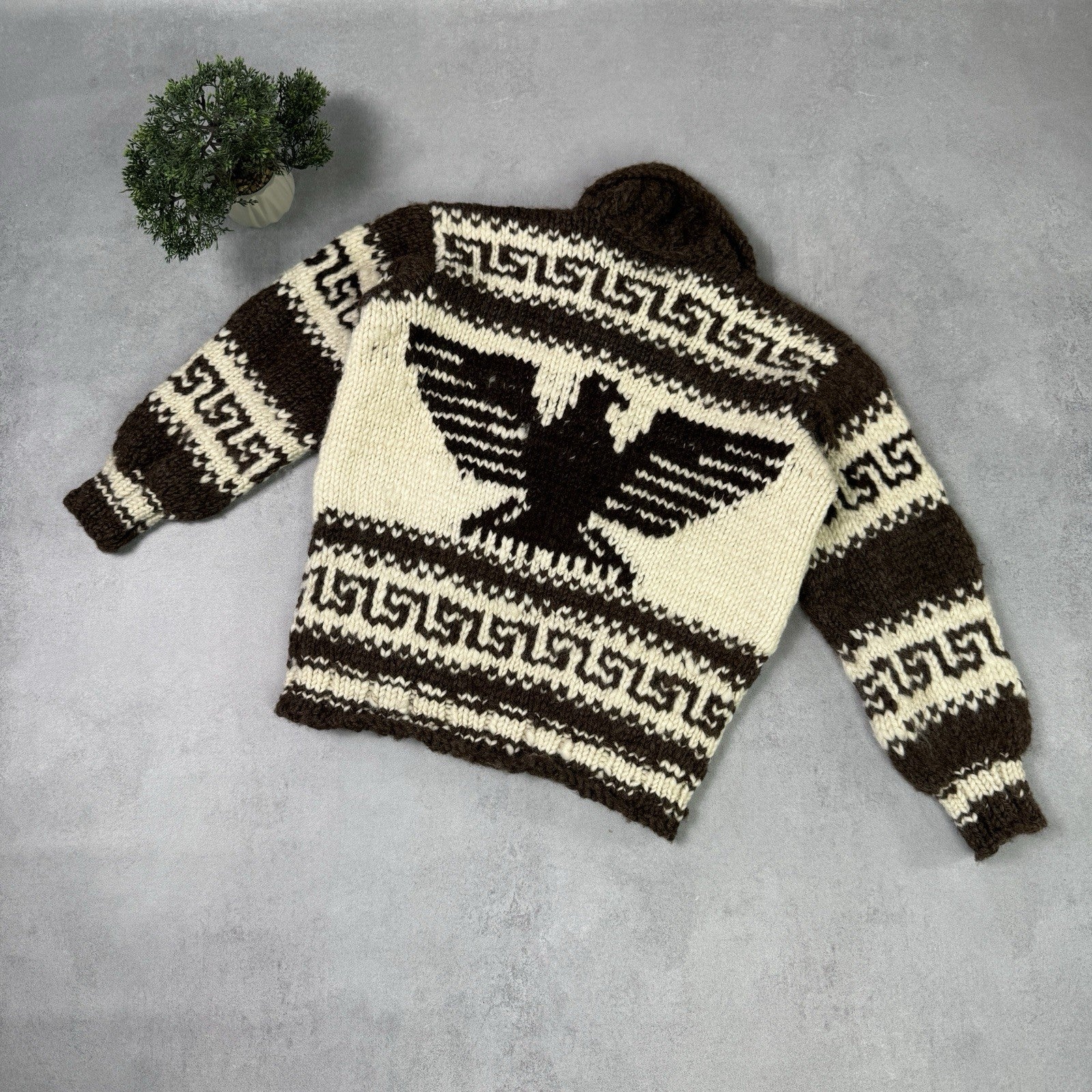 Vintage Couchan Indian Hand knit Wool Sweater Zip Eagle  Size M