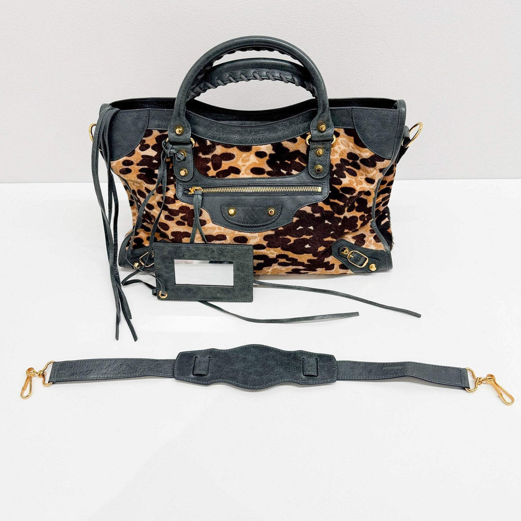 BALENCIAGA The City Brown Animal Print Pony Hair Two Way Bag