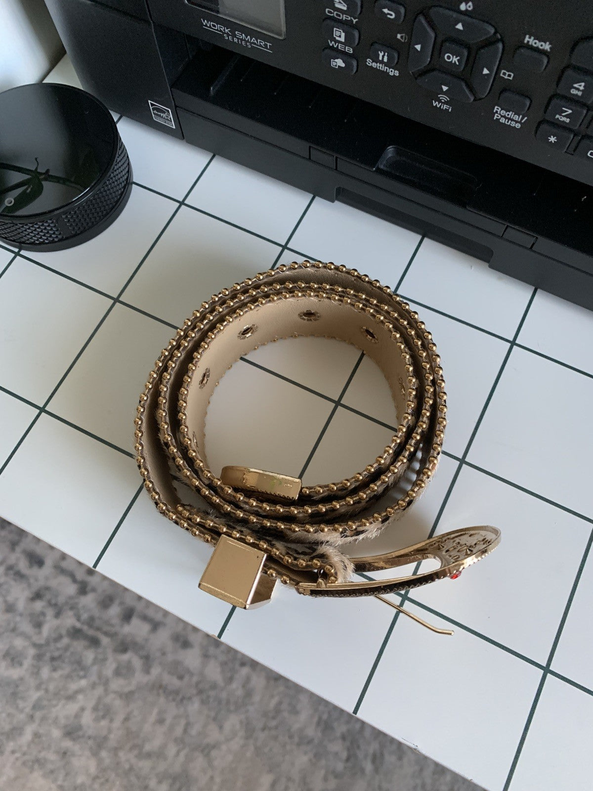 Vintage Style Gold Crystal Studded Leopard Western Leather Cowboy Belt