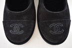 Chanel 25B Black Suede Shearling Fur Mary Jane Moccasin Ballet Loafer Flat 38