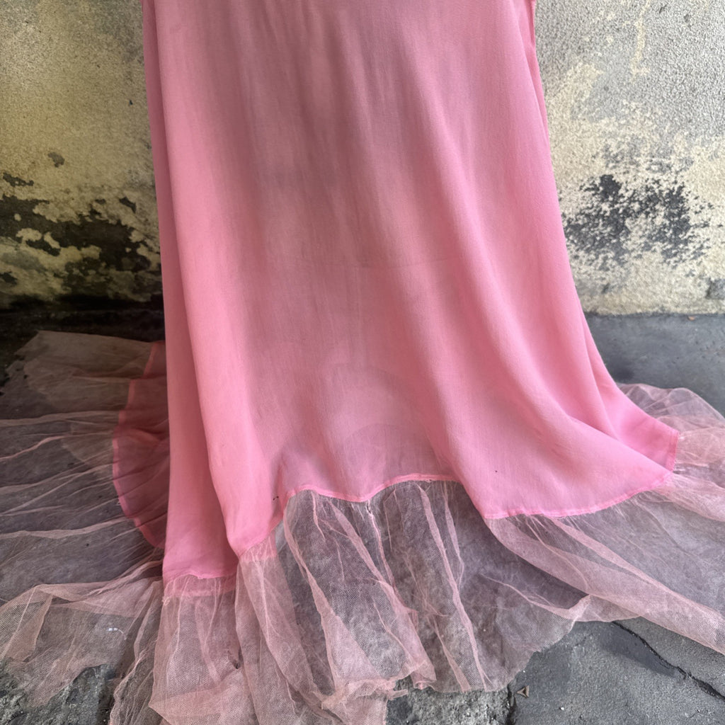 Vintage Late 1920s Early 1930s Bubblegum Pink Silk Chiffon Dress Sheer Ruffle