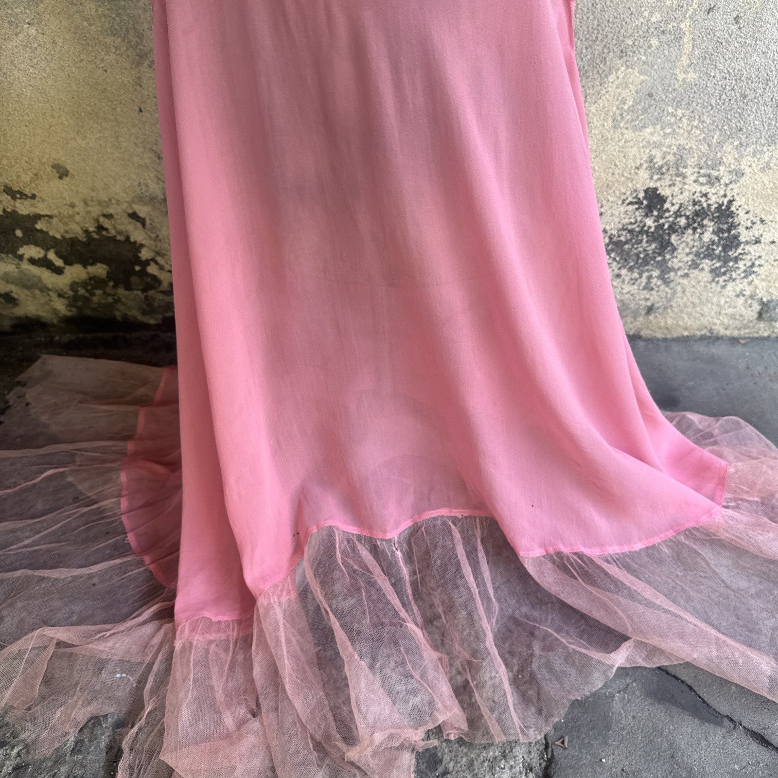 Vintage Late 1920s Early 1930s Bubblegum Pink Silk Chiffon Dress Sheer Ruffle