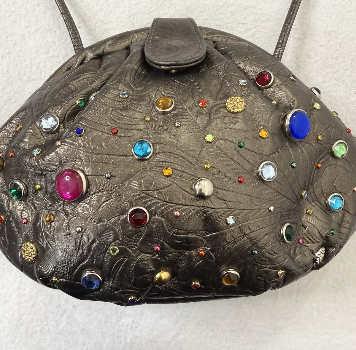 Pinky 1980s Bejeweled Leather Shoulder Bag Metallic Gemstones